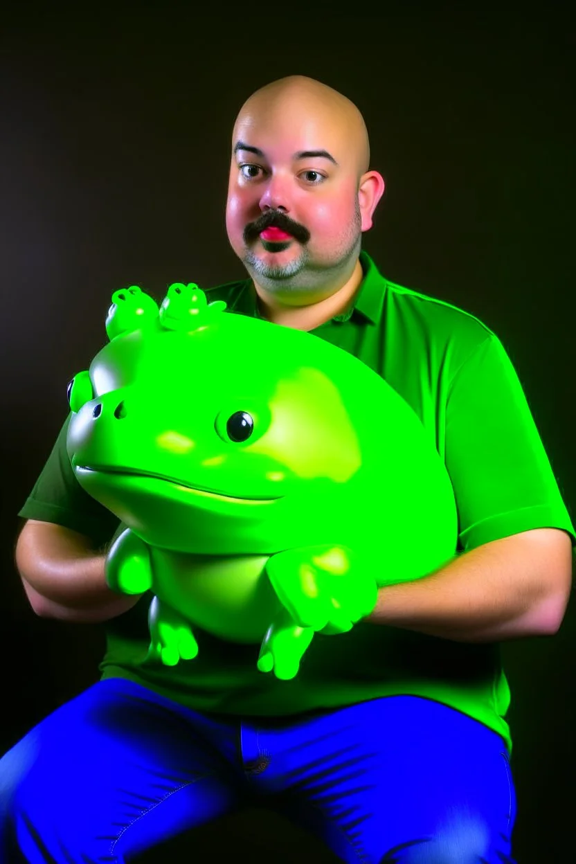 bald man with inflatable green frog