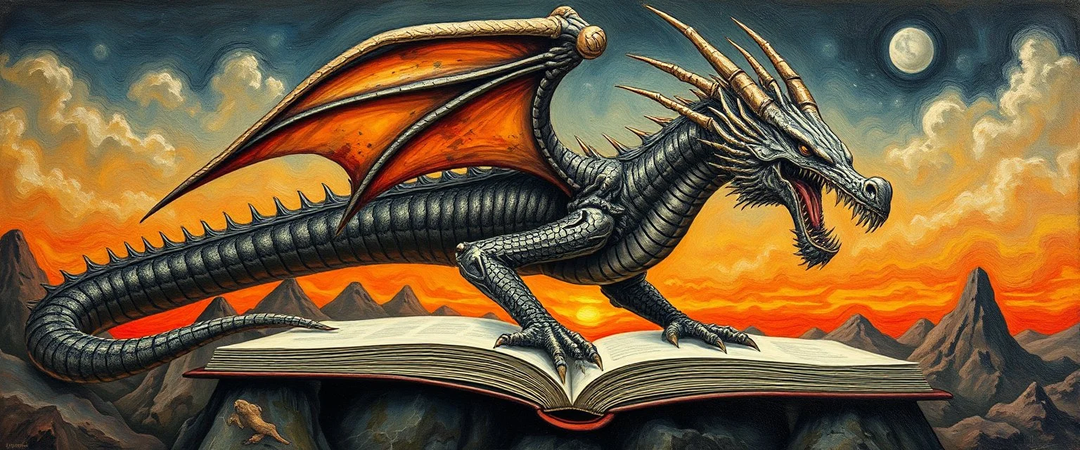 master oil painting by Escher and Giger, book dragon