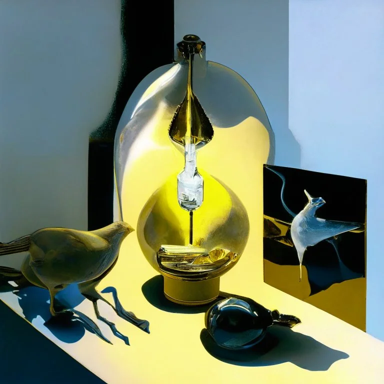 Abstract painting formed by a mix of human flesh-like surgical instruments and universe-like neuralink, a cat looking at a pigeon inside a huge bulb between light and shadow at dusk,surrealism,minimalism,Painting By Adrian Ghenie, Rene Magritte, Salvador Dali, Lucian Freud