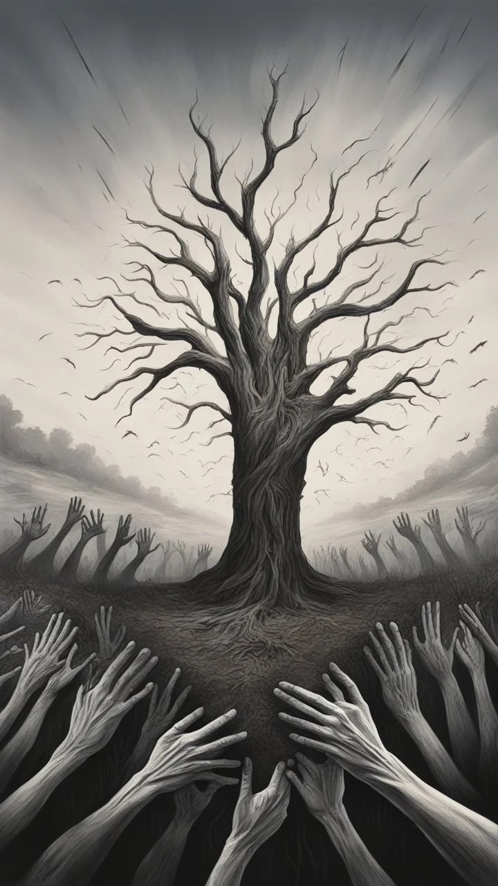 a field of thousands men with hands are up rising up from the ground not visible, horror, hands in different shapes coming out from the ground towards the sky Busch painting style nightmare and thin line draw, a dry tree with out branches in the middle