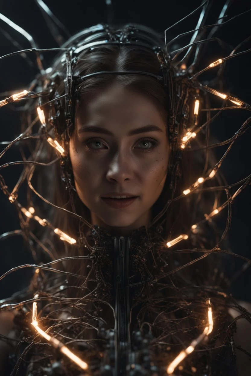 girl smiling, fullbody, creepy, horrifying, sinister, many wires connected to the head<perfect pupil> <cyborg> <garage> <sci-fi futuristic> Demon girl, lumen lighting, led lights, sparks around her, sparks cybernetic, high lighting, intricate, 8k, macro photography,