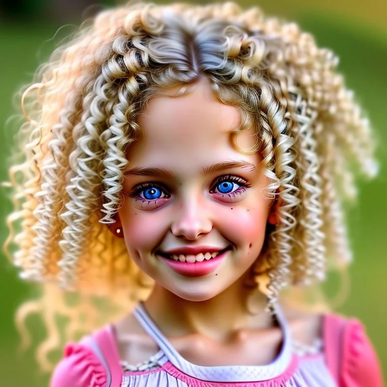 A cute little girl, curly blonde hair, the look on her smiling face.