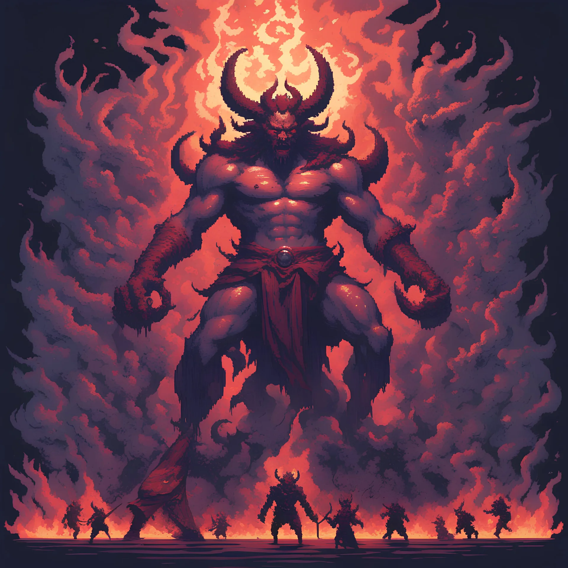 Divindade do chaos, um demônio pisando em seus inimigos, arte em pixel