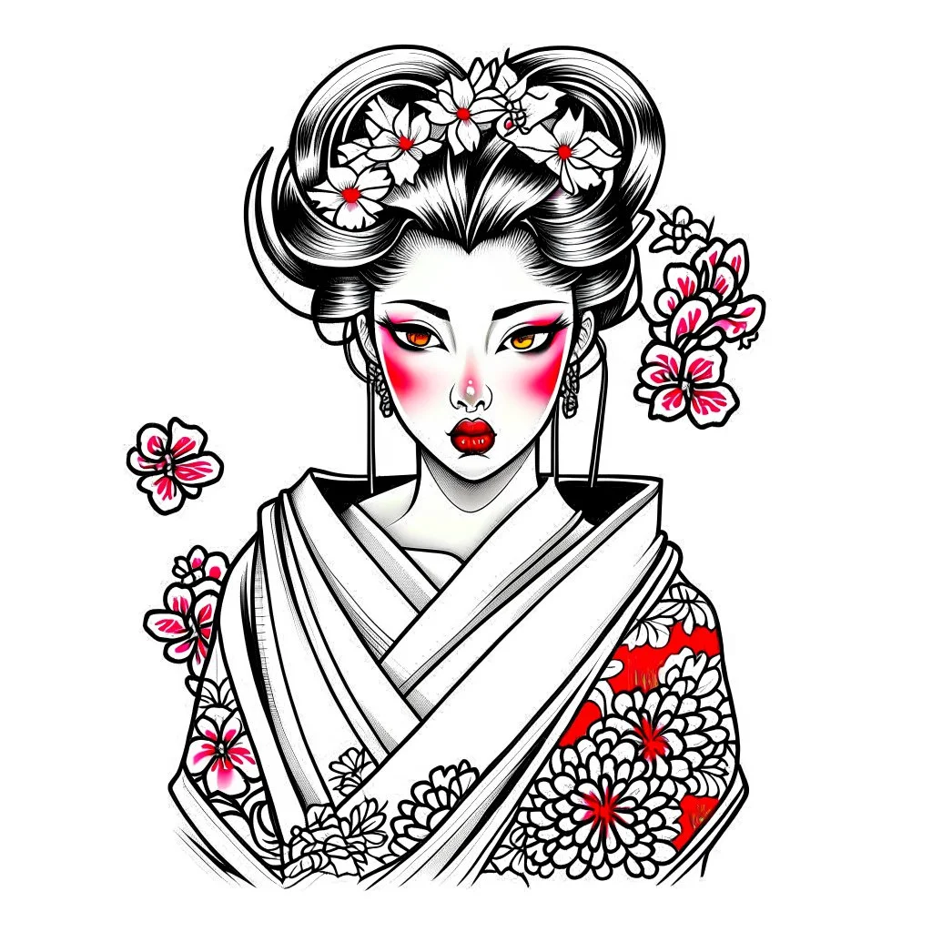 Tatto design Neotraditional style , Geisha with a Cherry Blossom Kimono, white background, tatto style, front view, black ink