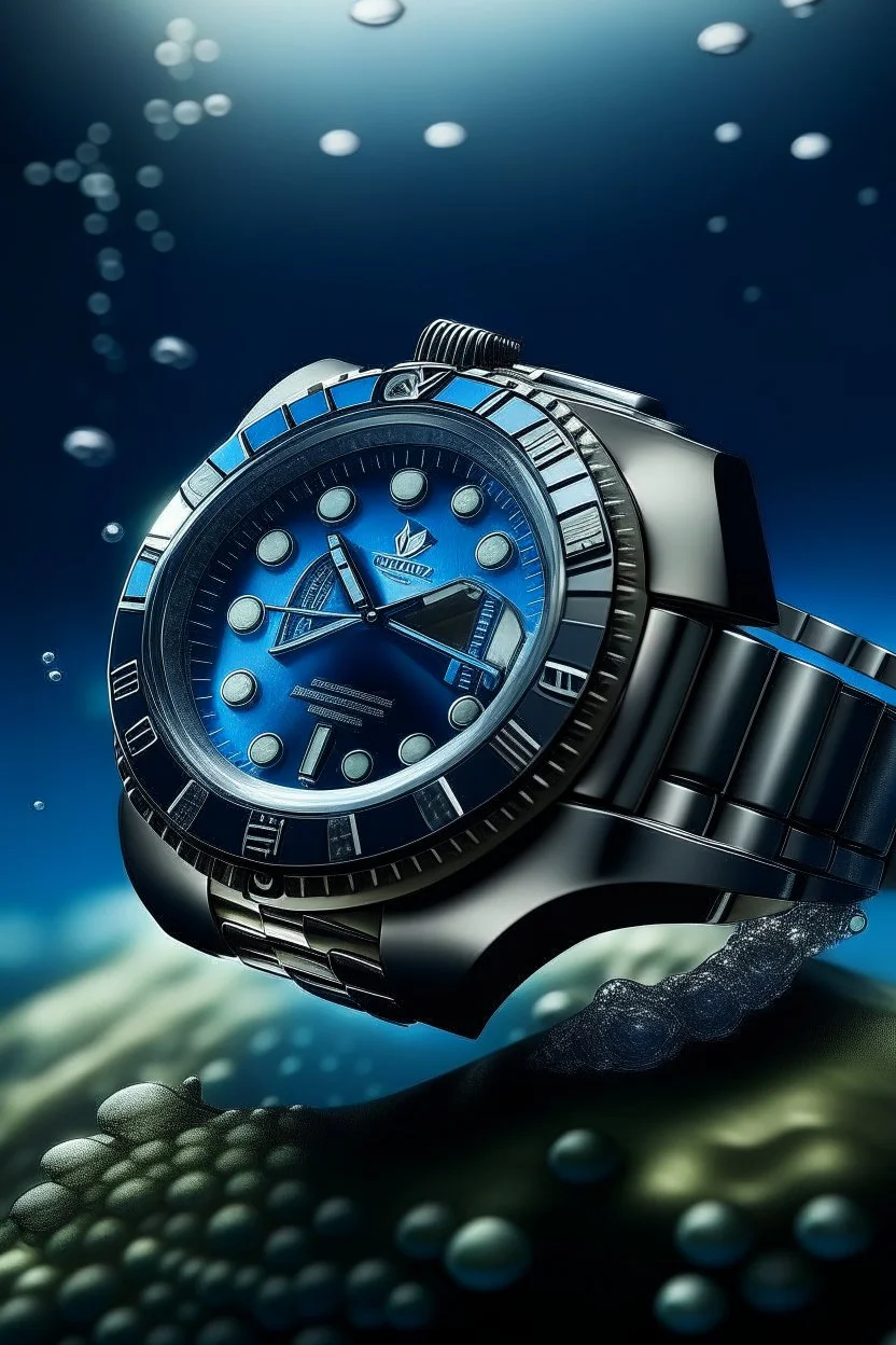 Generate an image of a Cartier Diver watch at mid-journey, set against a backdrop of underwater scenery, ensuring the watch details are crisp and realistic, while conveying a sense of exploration."