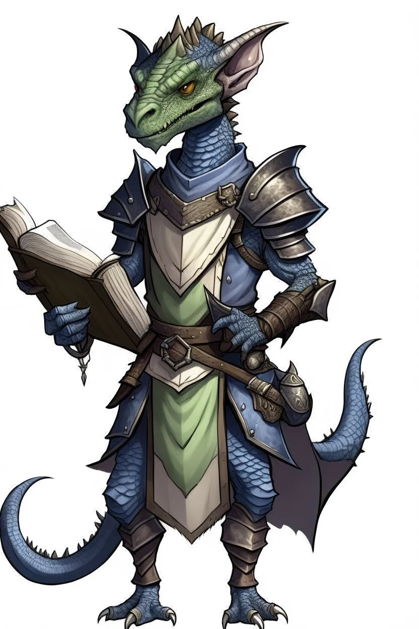 Kobold from dnd, grey diamond - shaped scales, magic book, leather armor