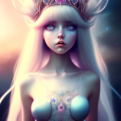 big dreamy eyes, intricate, colored hair, fish princess, long white hair, cute, small girl, symmetrical, emotionless,
