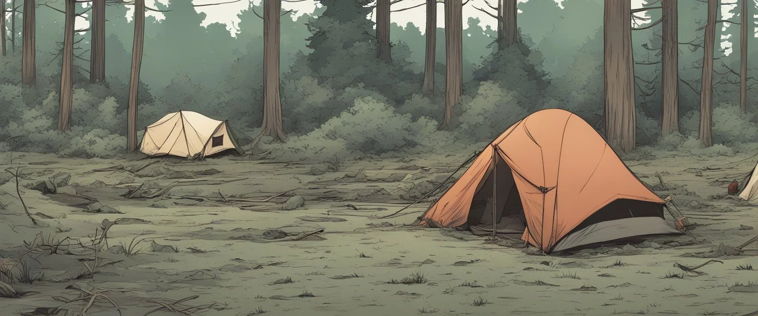 campsite, tents, overgrown, post-apocalyptic, comic book, forest