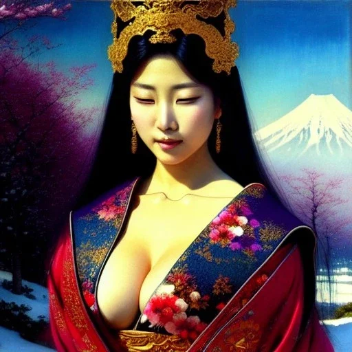 portrait beautiful face japanese Gheisha,window,busty,japanese garden,snow,cherry trees,mountains,ancient leather armor, balanciaga fashion clothe painting by gaston bussiere, greg rutkowski, yoji shinkawa, yoshitaka amano, tsutomu nihei, donato giancola, tim hildebrandt, oil on canvas, cinematic composition, extreme detail,fit full head inside picture,16k