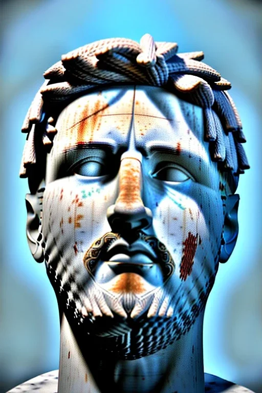 Ultra Realistic image, roman sculpture, white marble material, Lionel Messi, Laurel leaves wreath, miguel angel style, chisel style, emperador, waist up portrait, epic, celestial, cinematic lighting, God light, god rays, 4k resolution, smooth details, ornate details, soft lighting, unreal engine 5, sky and clouds background.