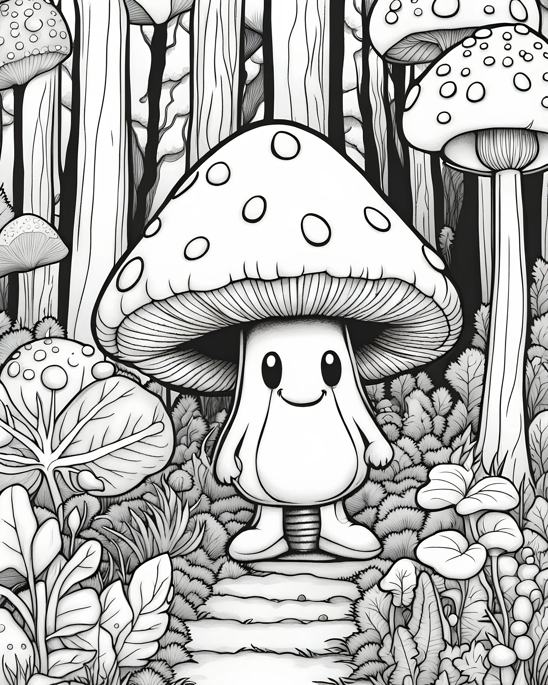 ute kawaii big mushroom person, colouring book page. simple and clean line art, adult drawing book. Black and white only, crisp black lines, sharp lines, , cartoon style, forest bushes background, black and white picture, lots of details, trending on artstation, sharp focus, studio photo, intricate details, highly detailed, by greg rutkowski, full body