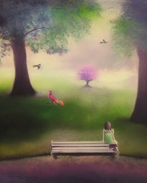 park mystical dream, park bench, man, woman, child, dog, trees, path, bird, sunshine, mystical, fantasy, romanticism, pastel colors, daylight, daytime, acrylic painting, detailed, soft focus,