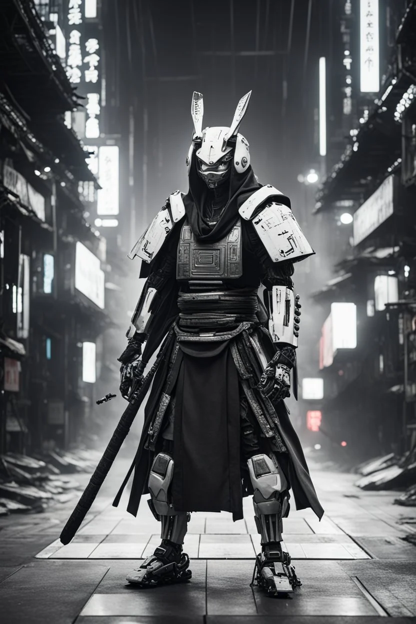 samurai robot in black and white cloak in a cyberpunk environment