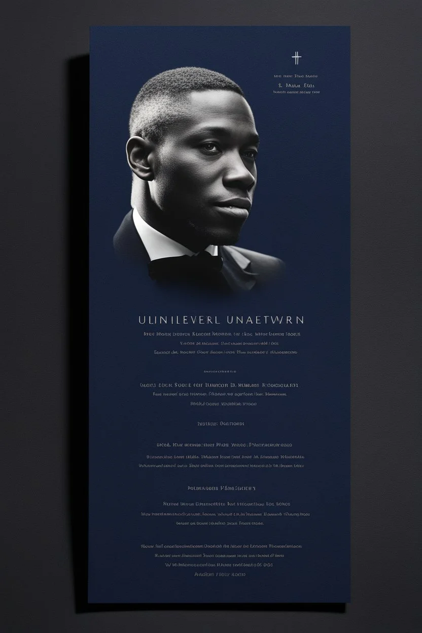 An extremely formal, funeral program for a black man on darkest blue deeply pigmented velvet paper with brilliant, brightest heavy white fonts, simple, minimalistic, less element, very dramatic lighting, detailed, white printers elements,