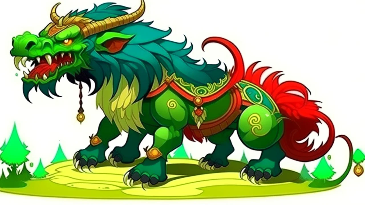 fantasy cartoon style illustration: in ancient China, there was a fierce green beast called “Nian”. He had sharp horn on it which could be used to attack its prey.