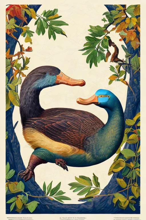 John James Audubon-like illustration of a fully uncropped Dodo bird and a Platypus in a landscape of warm yellows, warm reds, and warm blues