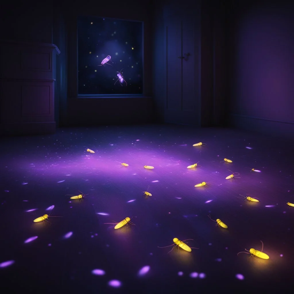 Hyper Realistic glowing-fireflies with purple neon floor in a dark room