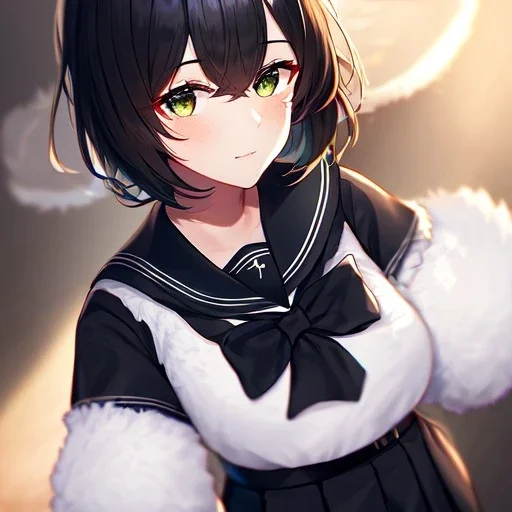 Clear focus, High resolution, fluffy black short hair, dark green eyes, wearing a black sailor uniform and pleated black skirt, fluffy hair, detailed outfit, wearing red makeup