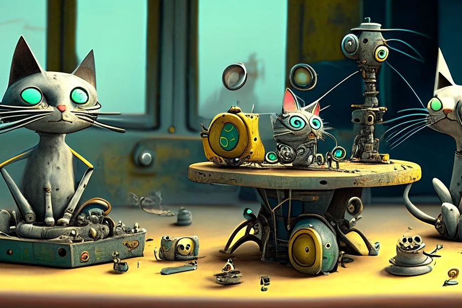 Happy cats sitting on a table :: industrial robotic cats, characters from machinarium pictoplasma, assemblage of naive art and les automatistes, by Alexander Jansson and Leo Lionni, a storybook illustration of a surrealist cat sculptures, cgsociety and behance contest winner