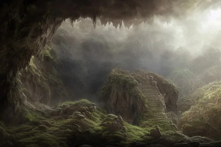 hyper realistic full length photo of a cave entryway in a root covered cliffside, hewn stairs, torches deep inside, fantasy digital painting, stunning intricate details, artwork by ross tran and greg rutkowski, 8k, beautiful detailed intricate insanely detailed, volumetric lighting, volumetric clouds, cinematic, octane render, shot on imax 70mm, high contrast