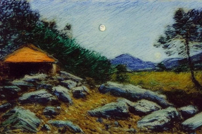 Night, moon, trees, cabin, pathway, rocks, vegetations, distant trees, distant mountains, philip wilson steer impressioniam painting