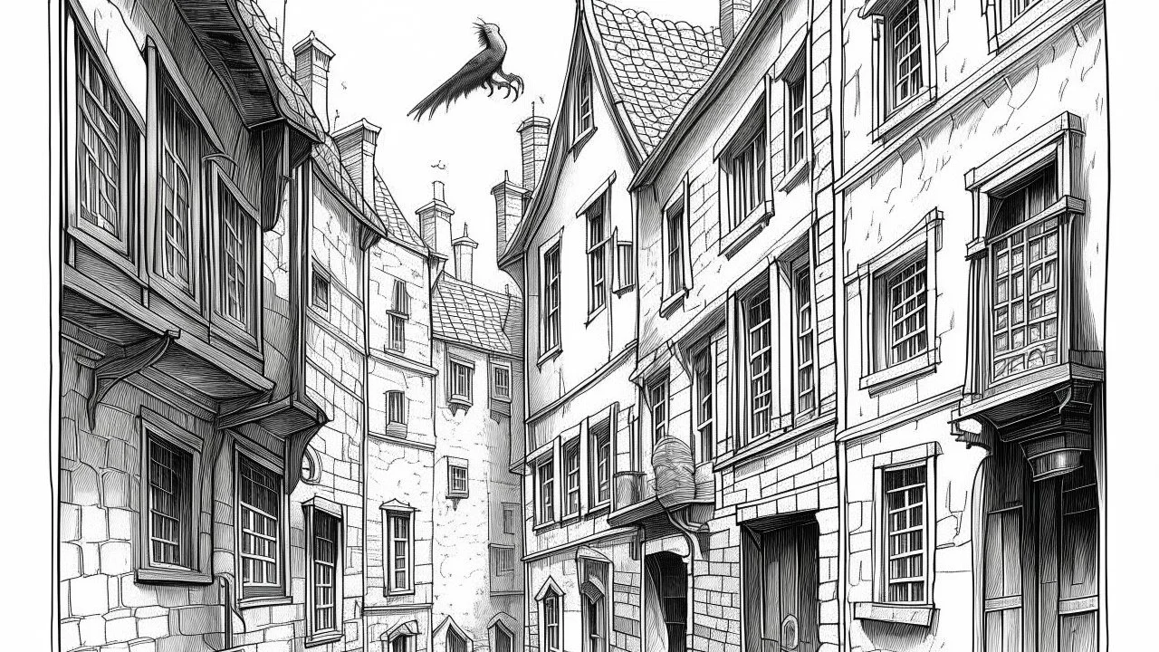 Medieval cobblestone alley with crooked facades, nearly touching balconies and hanging laundry; a crow perched on a gargoyle. European gothic engraving style.