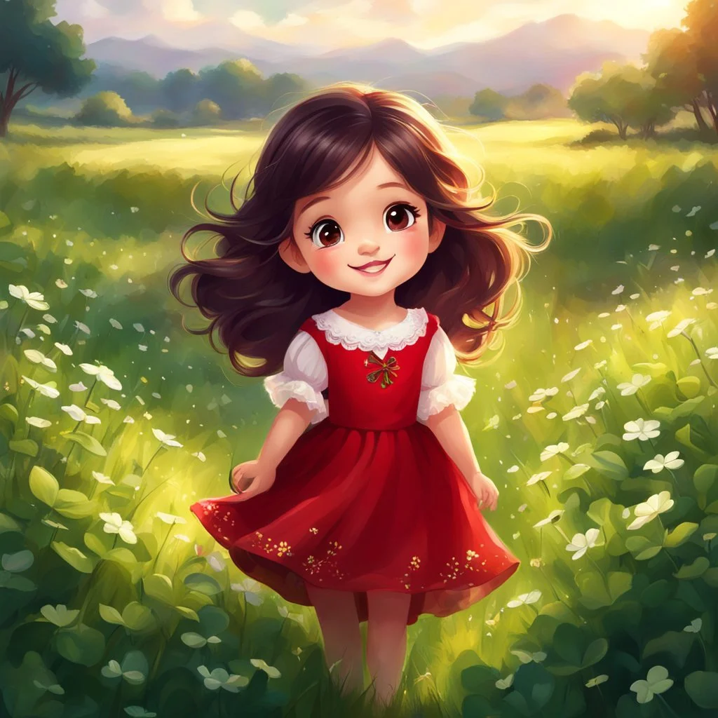 Adorable digital painting of a cute little girl in a gorgeous red dress smiling in a field surrounded by clover, cute chibi face, glowing eyes, long dark hair, high quality