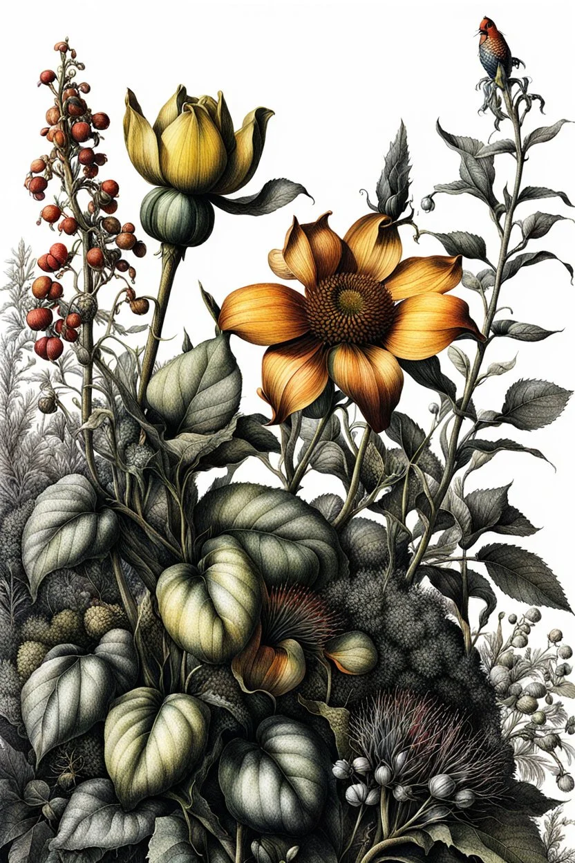 botanical pen and ink illustration, ultra realistic, award-winning: atmospheric: commanding: fantastical: clarity: 16k: ultra quality: striking: brilliance: stunning colors: masterfully crafted in the style of Albrecht Durer and Rogan Brown