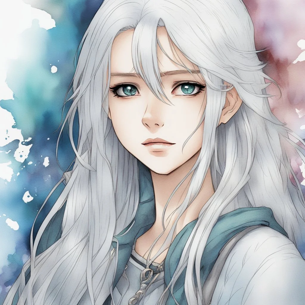 a close-up headshot of a young woman with long white hair, light silver eyes, skinny, sickly complexion, shy demeanor, anime style, intricately detailed, colored sketchy manga style, splotchy watercolor background