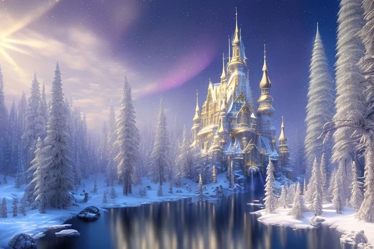  white and gold crystal castle，waterfall, winter snow flakessnow, northern Lights, full of details, smooth, bright sunshine，soft light atmosphere, light effect，vaporwave colorful, concept art, smooth, extremely sharp detail, finely tuned detail, ultra high definition, 8 k, unreal engine 5, ultra sharp focus