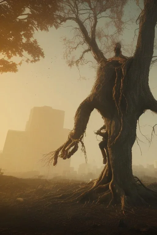 Cyberpunk theme, Oak tree roots holding man inside, misty sunny day, close-up portrait,