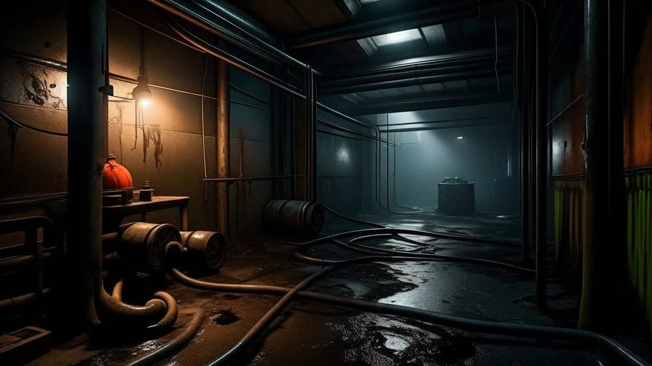 room with a network of taps and pipes, a matte painting, new objectivity, flickering light, fire hydrant, dark industrial atmosphere, abandoned factory, industrial machinery, abandoned laboratory, lost place