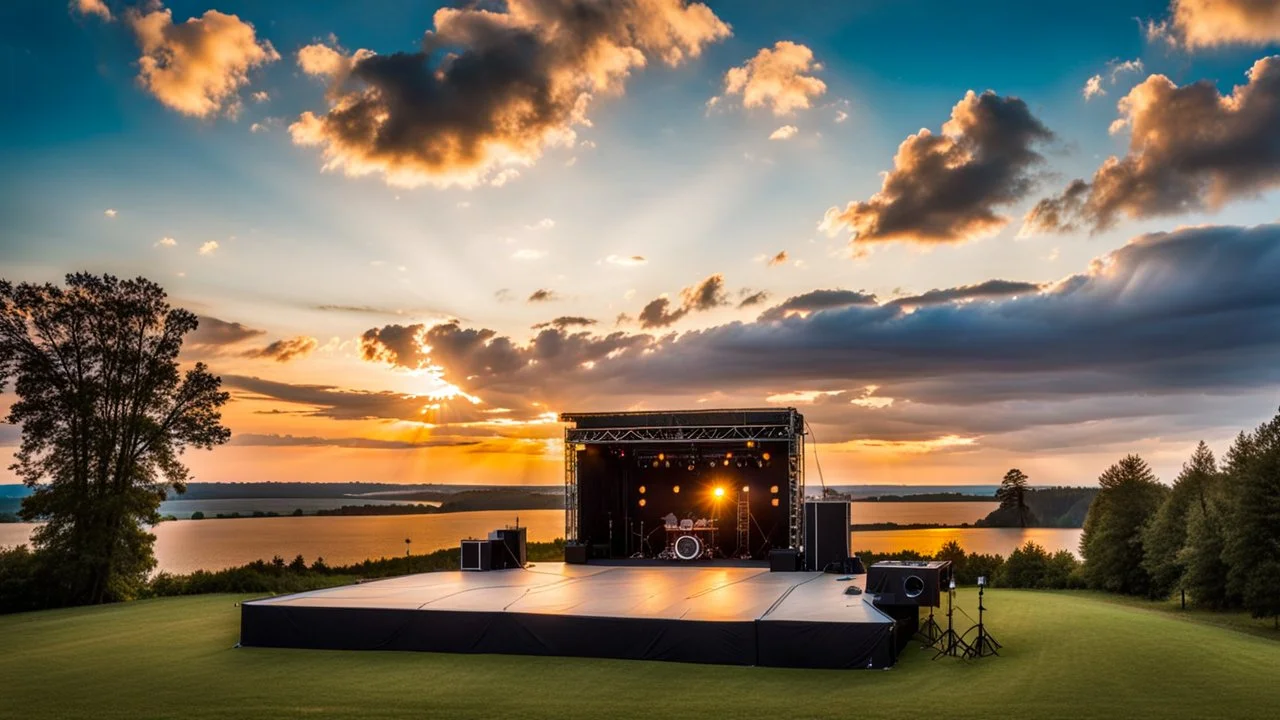 a big open disko stage in country side environment , at distance,blue sky pretty clouds ,sunset ,golden hour,closeup.