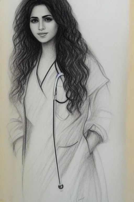 Pencil sketch of Young woman , nurse , Arab features,sad, long wavy hair, full body، on lined paper