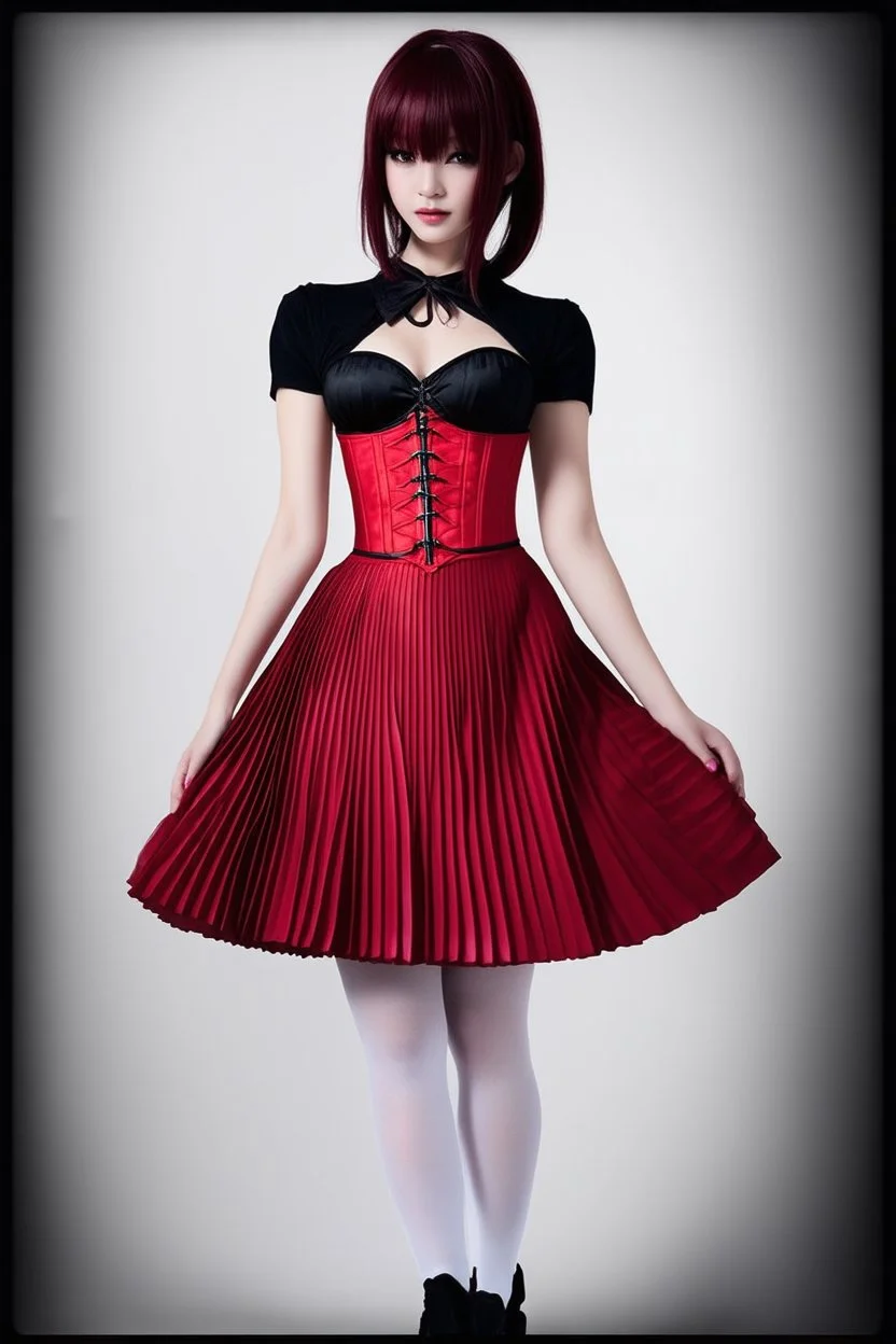 skinny goth woman in a short pleated skirt, white stockings, red corset, dark red hair with bangs