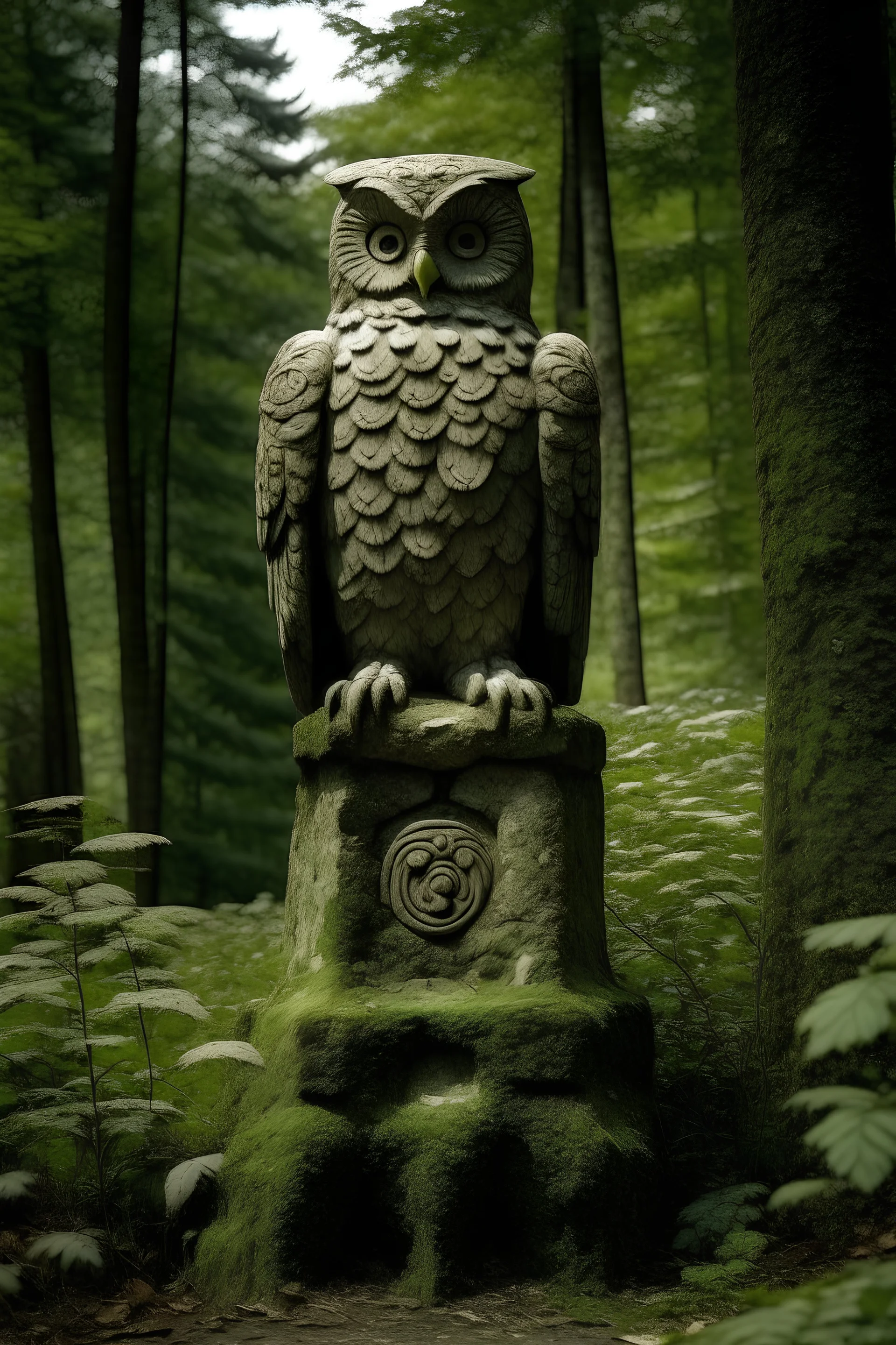 Stone owl statue on a pillar, in the middle of a forest