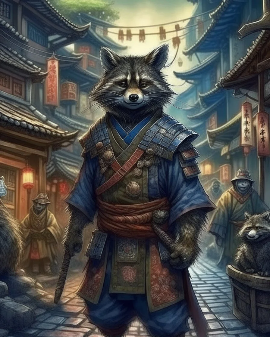 highly detailed concept illustration of an alternate reality ancient China samurai racoon wanderer in a street, maximalist, highest resolution, Masahiro Ito, boldly inked, 8k, coarse, gritty textures