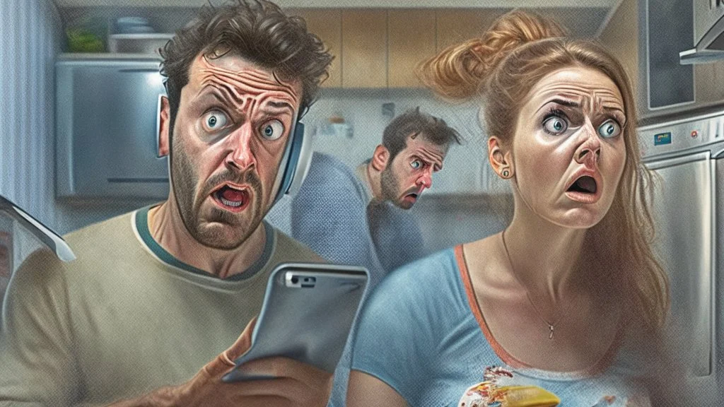 photorealistic man with woman at kitchen on phone upset being put on the NO FLY list