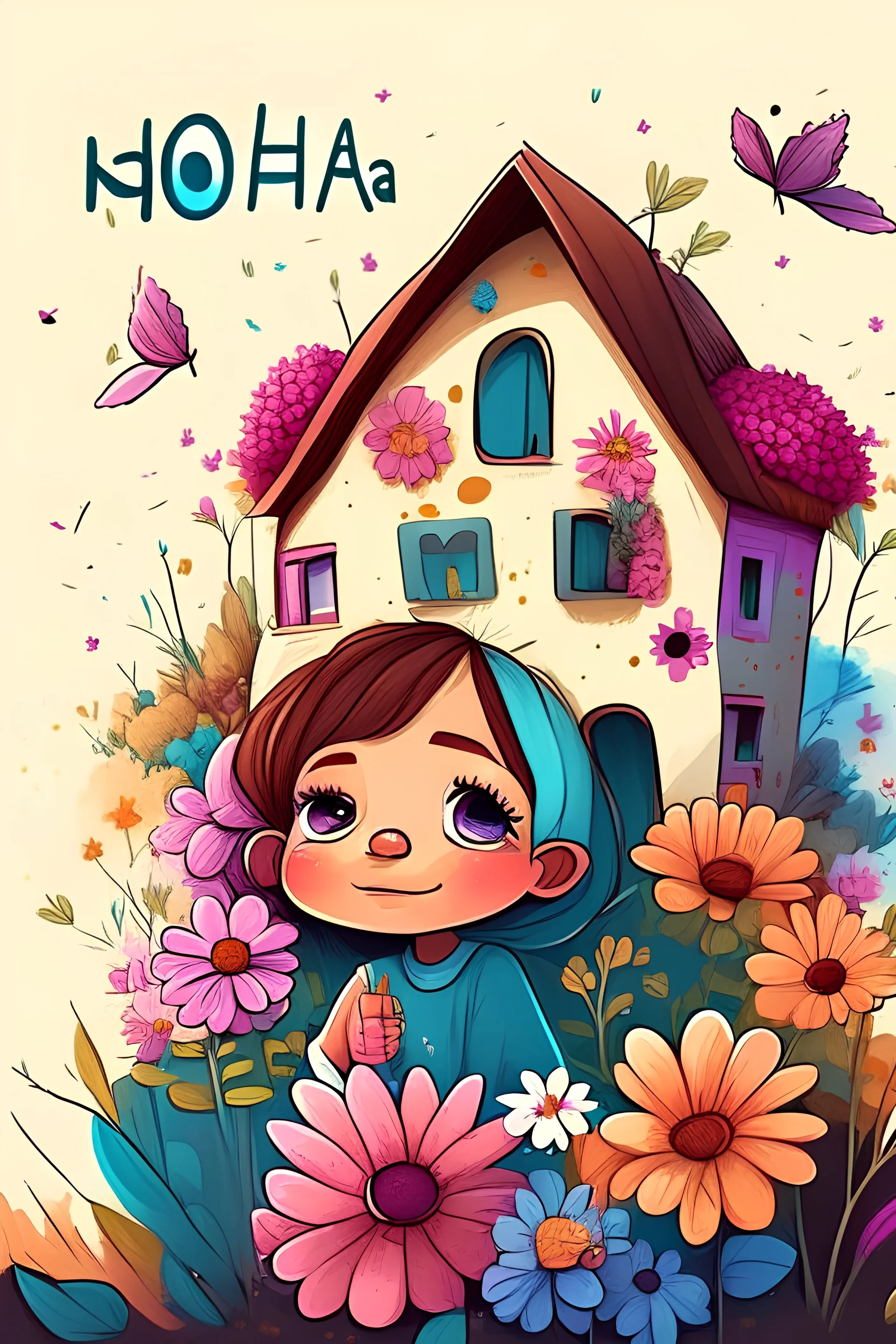 ،Noha, a sick child, dreams of smiling with recovery and hope. Write Noha, drawing cartoon style ،Background colorful flowers and houses