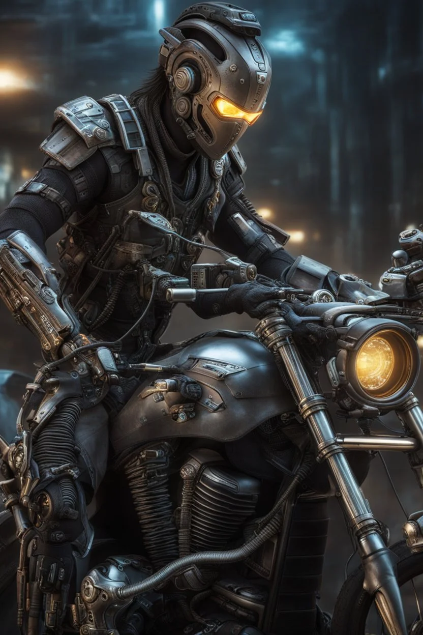 Photo Of A Biomechanical Elegant Motorcycle Cyborg Plugged Into A Game Console With Cables And Wires And Optic Fibers, Cyberpunk, Horror Style Art By Luis Royo, Highly Detailed 8k, Intricate, Nikon D