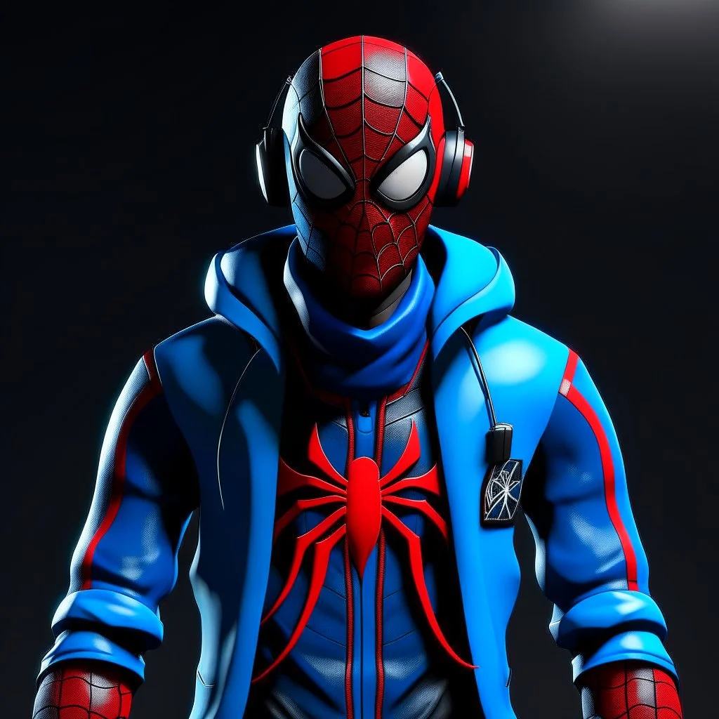 Spiderman sports a captivating ensemble, featuring a black beanie atop his head, a red hood mask with a blue bandana covering the lower half of his face, and a unique mullet and ponytail hairstyle. White and blue headphones adorn his neck, complementing his medium-toned complexion. His suit is a striking fusion of William Braddock's top design and the PS4 Spider-Man's bottom, accentuated by deep blue accents, creating a visually dynamic and original character ready to swing into action.