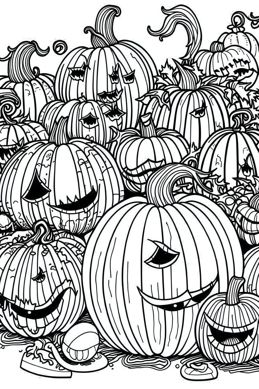 A spooky pumpkin patch with Jack-o'-lanterns of different sizes and expressions.. Outline, sketch style, only use outline, mandala style, clean line art, white background, no shadows, no clear wall, coloring page.