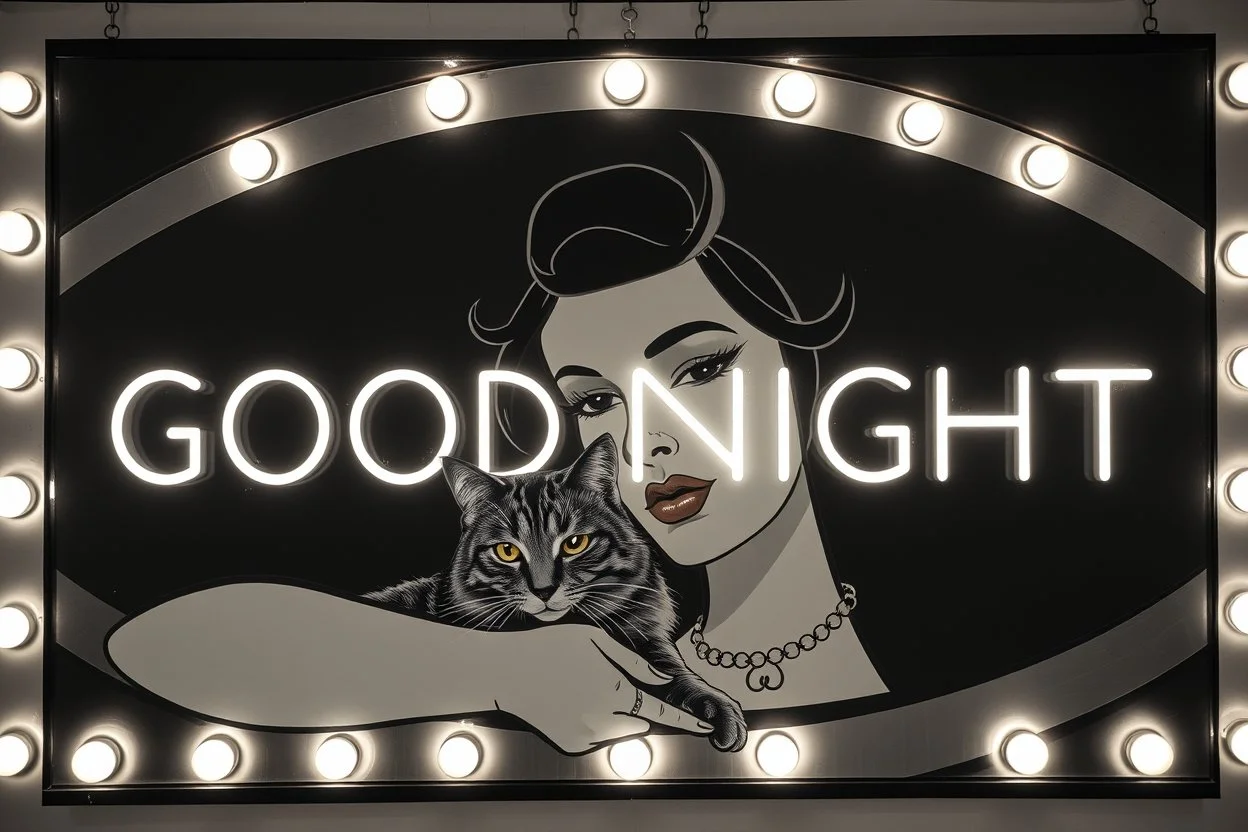 sign "GOOD NIGHT", photo, portrait of an art deco woman with a cat