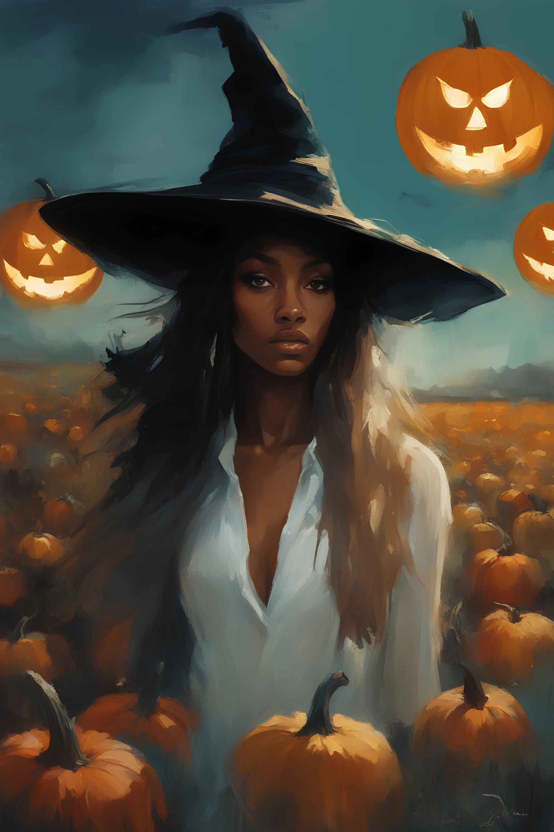 Jourdan Dunn as a witch in a pumpkin patch under the moon :: dark mysterious esoteric atmosphere :: digital matt painting with rough paint strokes by Jeremy Mann + Carne Griffiths + Leonid Afremov, black canvas