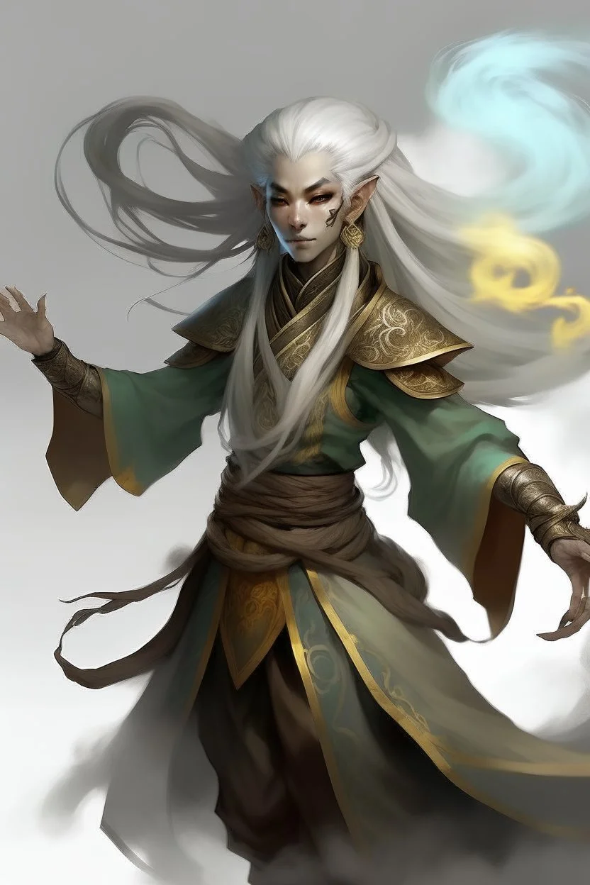 Air genasi from dnd with ashesen skin and asian flowing hair herematerial smoke Monk attire with ash giant Smoke Some hair