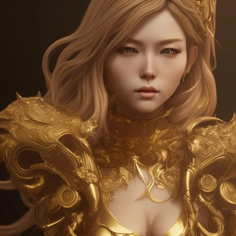 portrait hitomi tanaka, long black hair, dress valkyrie, statue golden, intricate, octane render, highly detailed, highly realistic, cinamatic, deep colours,8k