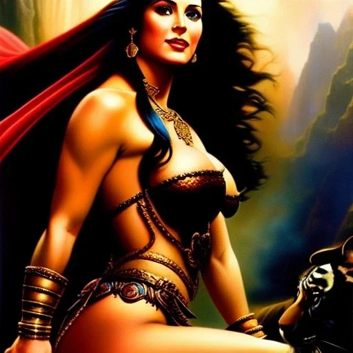 portrait oil on canvas, beautiful busty Dejah Thoris Riding a Great Tiger, minimal armor,comic book cover, mystical colors,insanely detailed,realistic,intrincate detail, 16k resolution, masterpiece,Frank Frazetta,Alex Horley, Simon Bisley,