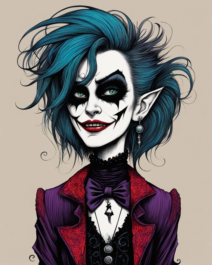 Maurice Sendak, Edward Gorey, and Ralph Steadman style, close up, full body, caricature portrait illustration, of a gothpunk vampire girl, with highly detailed hair and facial features, precisely drawn and inked in vibrant chromatic color