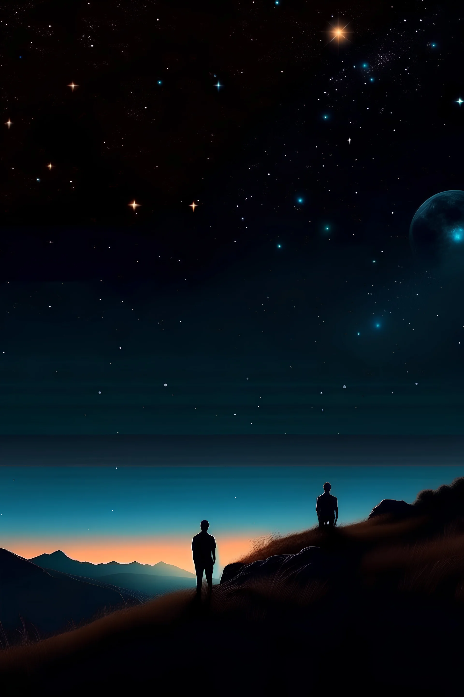 a night sky whit stars and a planet whit a guy whatching it from a hill