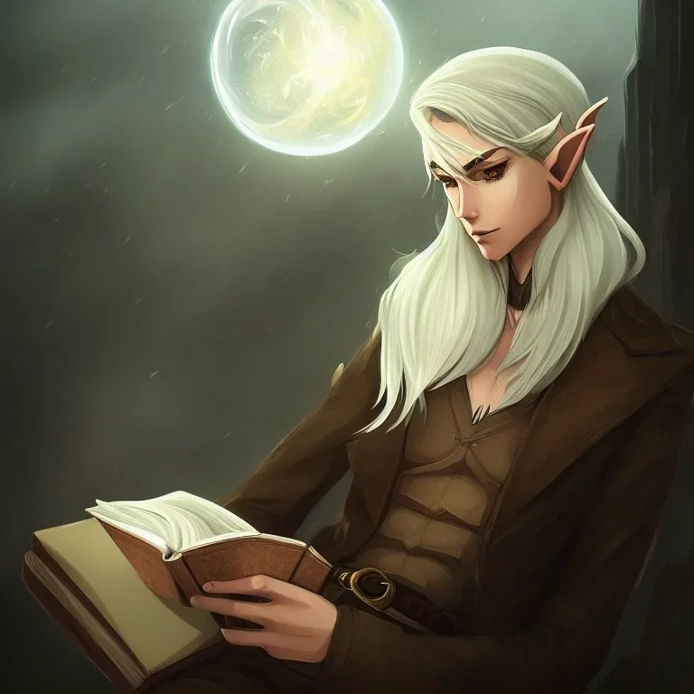 portrait of calm elf with white hair in brown suit reading a legendary book, fantasy character, somber, gloomy lighting, epic perspective, trending on artstation